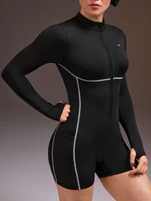 Powerista Women's Autumn And All Black Long Sleeve Backless Fitness Modest Athletic Sporty Romper Sports Romper For Gym Workout With Front Zipper And Thumbholes - Black - View 8