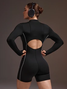 Powerista Women's Autumn And All Black Long Sleeve Backless Fitness Modest Athletic Sporty Romper Sports Romper For Gym Workout With Front Zipper And Thumbholes - Black - View 11