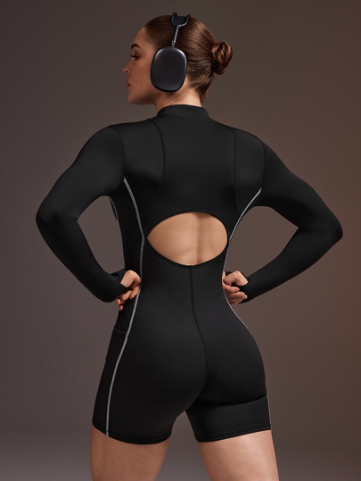 Powerista Women's Summer And Spring Black Long Sleeve Backless Fitness Jumpsuit With Shorts Sports Bodysuit For Gym With Front Zipper And Thumbholes