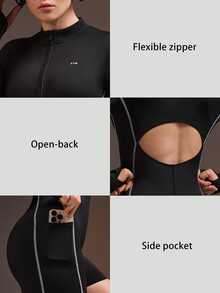 Powerista Women's Autumn And All Black Long Sleeve Backless Fitness Modest Athletic Sporty Romper Sports Romper For Gym Workout With Front Zipper And Thumbholes - Black - View 5