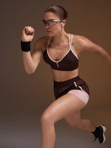 Powerista Women's Summer And Spring High Support Crisscross Back Sports Bra With Comfortable Brown And Pink Shorts For Sport Set Workout And Gym Breathable - Brown - View 11
