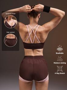 Powerista Women's Summer And Spring High Support Crisscross Back Sports Bra With Comfortable Brown And Pink Shorts For Sport Set Workout And Gym Breathable - Brown - View 3