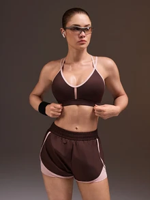 Powerista Women's Summer And Spring High Support Crisscross Back Sports Bra With Comfortable Brown And Pink Shorts For Sport Set Workout And Gym Breathable - Brown - View 8