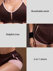Powerista Women's Summer And Spring High Support Crisscross Back Sports Bra With Comfortable Brown And Pink Shorts For Sport Set Workout And Gym Breathable - Brown - View 6