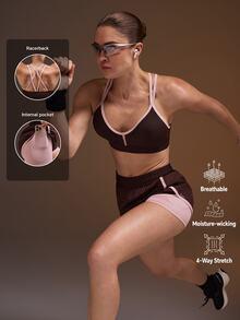 Powerista Women's Summer And Spring High Support Crisscross Back Sports Bra With Comfortable Brown And Pink Shorts For Sport Set Workout And Gym Breathable - Brown - View 2