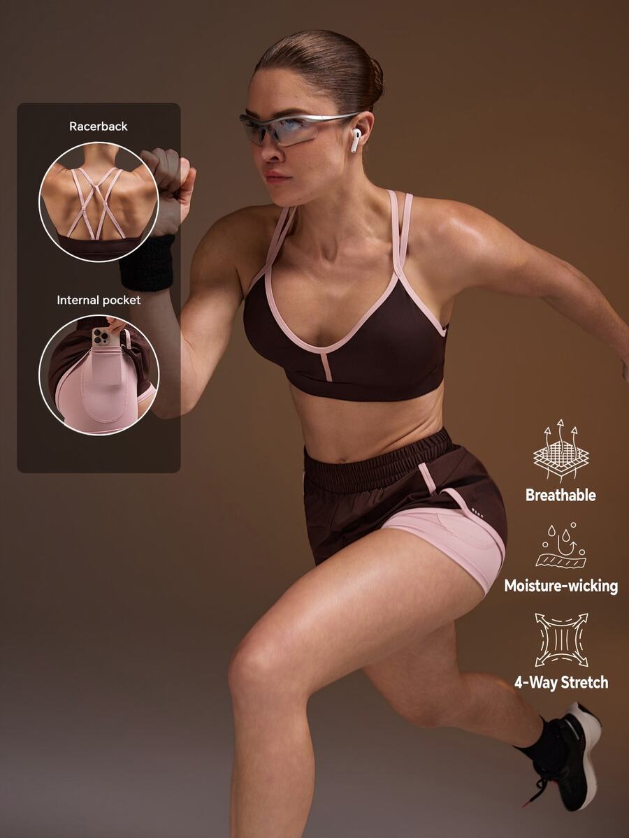 Powerista Women's Summer And Spring High Support Crisscross Back Sports Bra With Comfortable Brown And Pink Shorts For Sport Set Workout And Gym Breathable