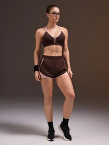 Powerista Women's Summer And Spring High Support Crisscross Back Sports Bra With Comfortable Brown And Pink Shorts For Sport Set Workout And Gym Breathable - Brown - View 10