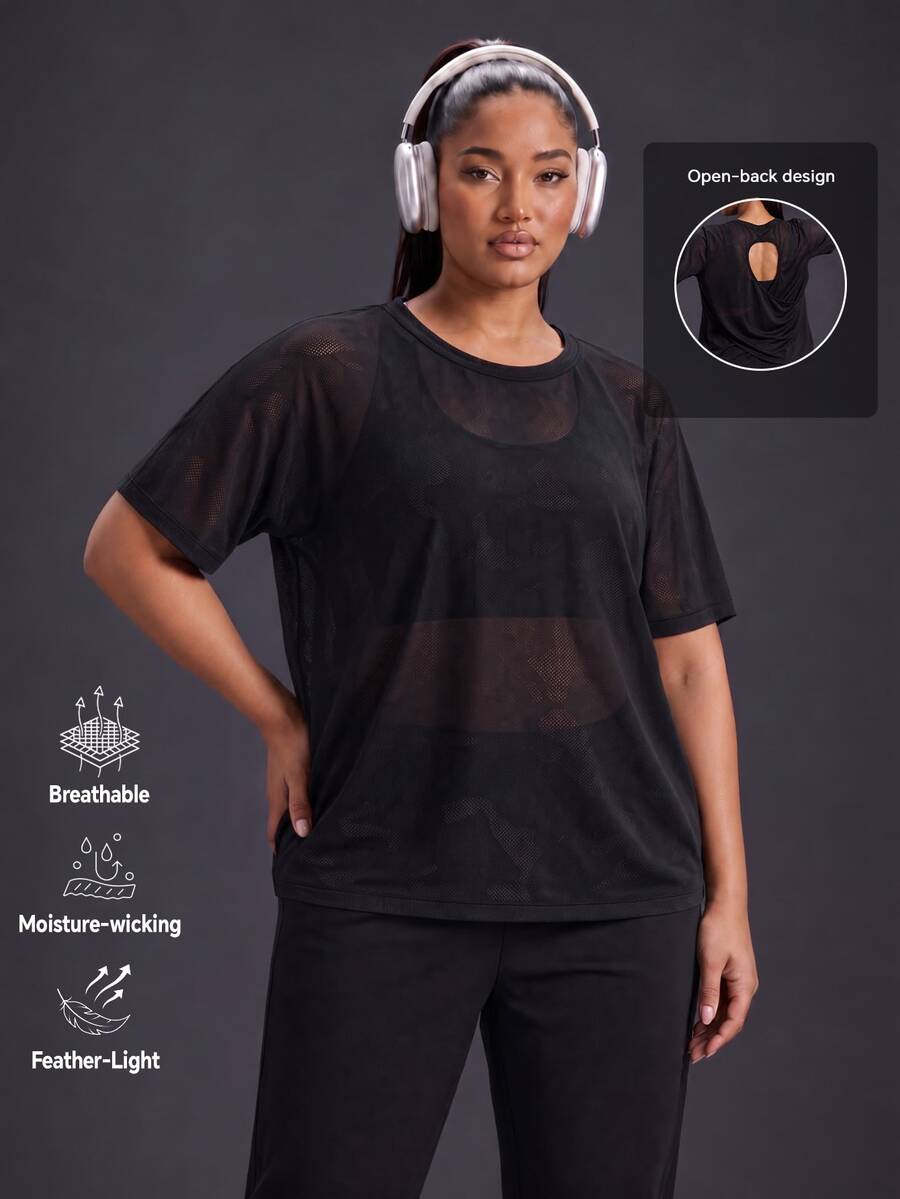 Powerista Women's Plus Size Sheer Mesh Workout Short Sleeve T Shirt Crew Neck Casual Tropical Loose Fit Sports Top For Gym Breathable Textured Black Summer