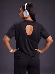 Powerista Women's Plus Size Sheer Mesh Workout Short Sleeve T Shirt Crew Neck Casual Tropical Loose Fit Sports Top For Gym Breathable Textured Black Summer - Black - View 7