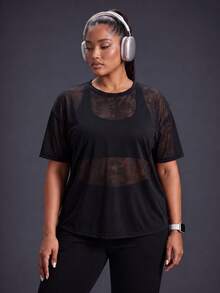 Powerista Women's Plus Size Sheer Mesh Workout Short Sleeve T Shirt Crew Neck Casual Tropical Loose Fit Sports Top For Gym Breathable Textured Black Summer - Black - View 9