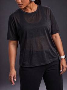 Powerista Women's Plus Size Sheer Mesh Workout Short Sleeve T Shirt Crew Neck Casual Tropical Loose Fit Sports Top For Gym Breathable Textured Black Summer - Black - View 6