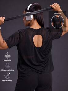 Powerista Women's Plus Size Sheer Mesh Workout Short Sleeve T Shirt Crew Neck Casual Tropical Loose Fit Sports Top For Gym Breathable Textured Black Summer - Black - View 3