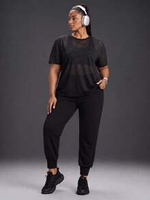 Powerista Women's Plus Size Sheer Mesh Workout Short Sleeve T Shirt Crew Neck Casual Tropical Loose Fit Sports Top For Gym Breathable Textured Black Summer - Black - View 8