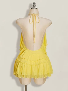 SHEIN ICON Multi-Layer Ruffle Halter Neck Backless Women's Mini Dress Club Vacation Yellow Summer Sexy - Yellow - View 2