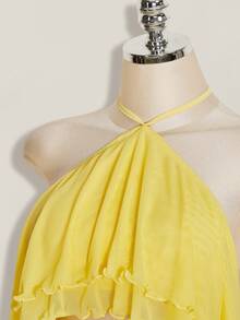 SHEIN ICON Multi-Layer Ruffle Halter Neck Backless Women's Mini Dress Club Vacation Yellow Summer Sexy - Yellow - View 4
