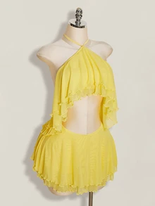 SHEIN ICON Multi-Layer Ruffle Halter Neck Backless Women's Mini Dress Club Vacation Yellow Summer Sexy - Yellow - View 5