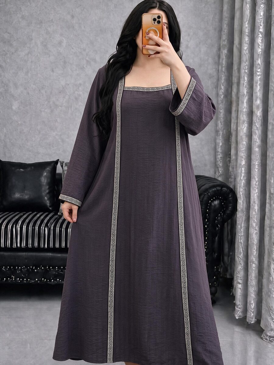 Al Najma Women's Square Neck Flare Long Sleeve Loose Comfortable Autumn/Winter Plus Size Arabian Dress - Coffee Brown - View 1