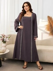 Al Najma Women's Square Neck Flare Long Sleeve Loose Comfortable Autumn/Winter Plus Size Arabian Dress - Coffee Brown - View 7