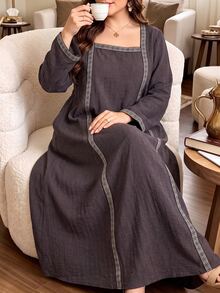 Al Najma Women's Square Neck Flare Long Sleeve Loose Comfortable Autumn/Winter Plus Size Arabian Dress - Coffee Brown - View 3