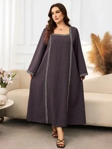 Al Najma Women's Square Neck Flare Long Sleeve Loose Comfortable Autumn/Winter Plus Size Arabian Dress - Coffee Brown - View 6