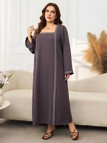 Al Najma Women's Square Neck Flare Long Sleeve Loose Comfortable Autumn/Winter Plus Size Arabian Dress - Coffee Brown - View 5