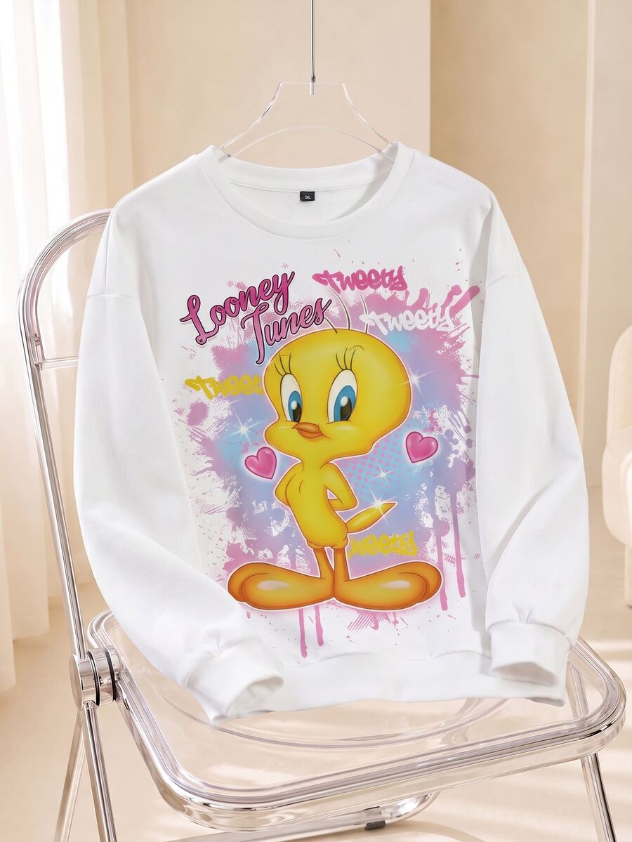 LOONEY TUNES X SHEIN 大尺碼女款字母卡通印花長袖休閒運動衫 - 白色 - 查看 1