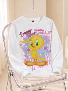 LOONEY TUNES X SHEIN 大尺碼女款字母卡通印花長袖休閒運動衫 - 白色 - 查看 6