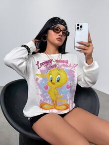 LOONEY TUNES X SHEIN 大尺碼女款字母卡通印花長袖休閒運動衫 - 白色 - 查看 4