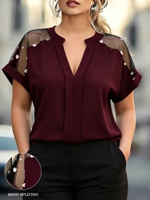 EMERY ROSE Plus Size Women Heart Lace Splice Romantic Red Blouse, Elegant For Valentine's Day - Burgundy - View 1