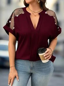 EMERY ROSE Plus Size Women Heart Lace Splice Romantic Red Blouse, Elegant For Valentine's Day - Burgundy - View 5
