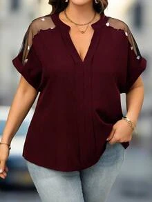 EMERY ROSE Plus Size Women Heart Lace Splice Romantic Red Blouse, Elegant For Valentine's Day - Burgundy - View 6