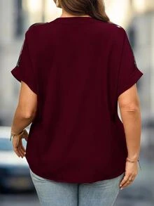 EMERY ROSE Plus Size Women Heart Lace Splice Romantic Red Blouse, Elegant For Valentine's Day - Burgundy - View 2