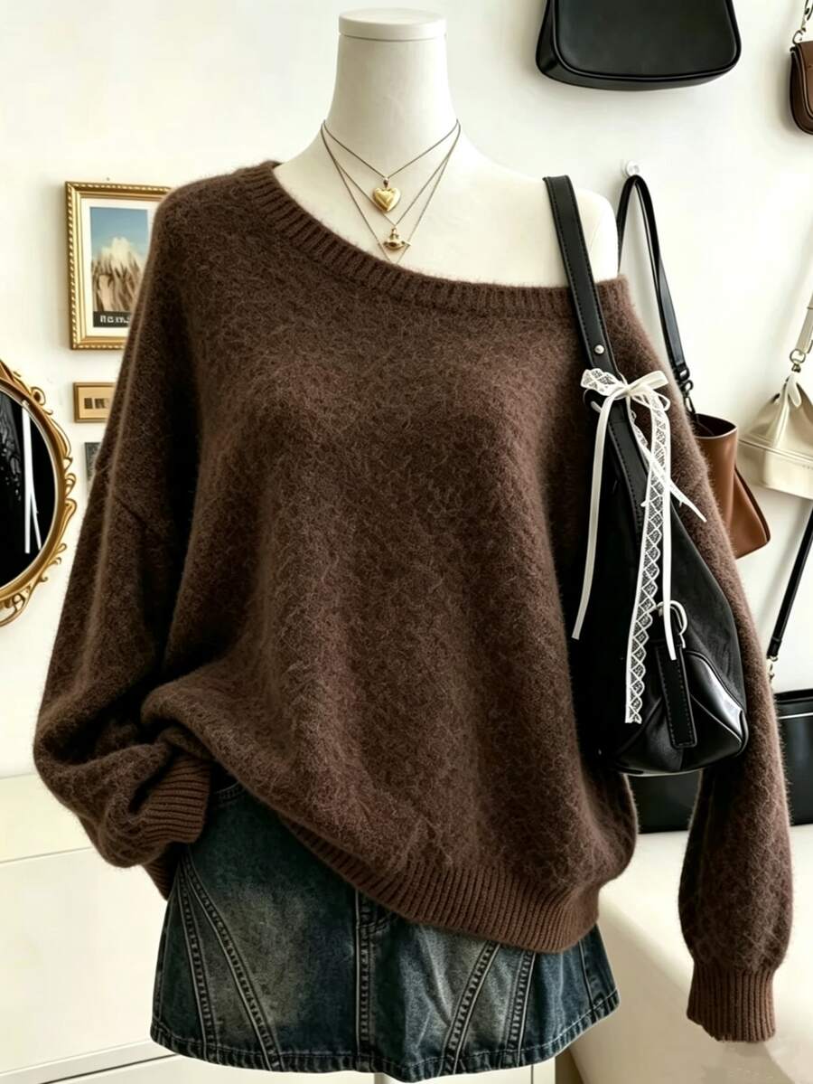Lalippa Regular Fit Loose Asymmetrical Shoulder Casual Drop Shoulder Long Sleeve Sweater - Brown - View 1