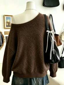 Lalippa Regular Fit Loose Asymmetrical Shoulder Casual Drop Shoulder Long Sleeve Sweater - Brown - View 2
