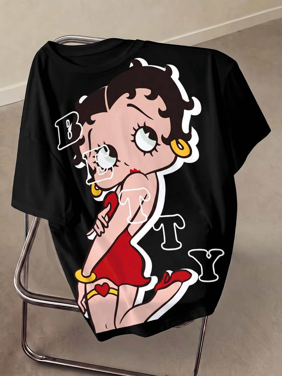 Betty Boop x SHEIN Men's Letter Cartoon Print Crew Neck Short Sleeve Casual T-Shirt - White - View 1