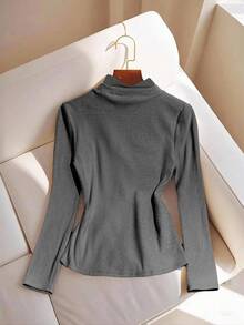 Franclia Women's Solid Color Elegant Contrast Color Long Sleeve T-Shirt, Autumn - Grey - View 4
