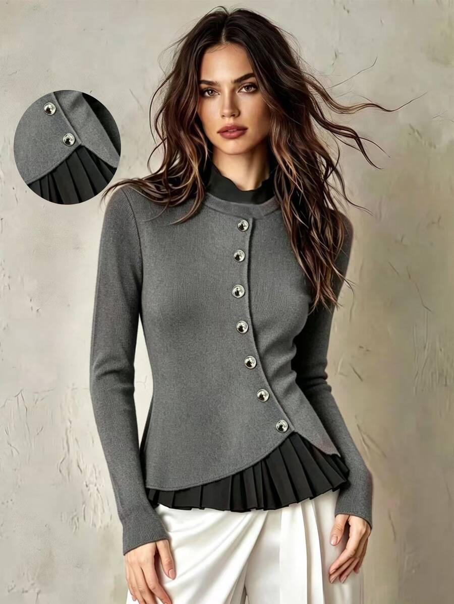 Franclia Women's Solid Color Elegant Contrast Color Long Sleeve T-Shirt, Autumn - Grey - View 1