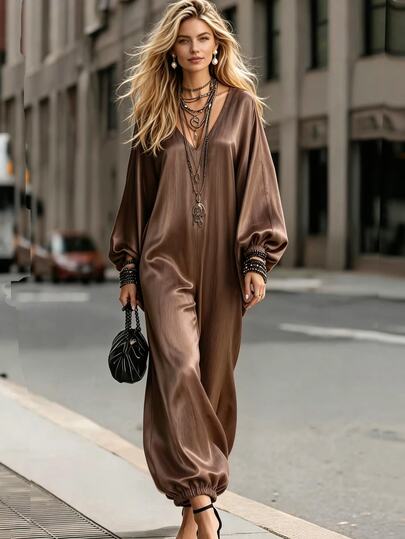 SHEIN Women's Elegant Lazy Luxury Satin Jumpsuit, Smooth Satin + Loose Batwing Sleeves + Lantern Pants, Suitable For Beach Vacation, Terrace Dinner, Art Exhibition And Other Relaxed Sophisticated Occasions, Commute Outfit