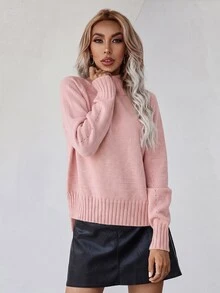 Elafinee 女款甜美休閒時尚開衩下擺長袖套頭毛衣，日常穿著，柔粉色，秋季 - 粉色 - 查看 4
