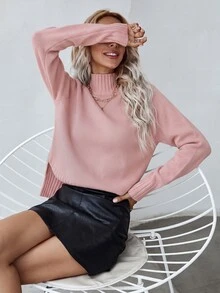 Elafinee 女款甜美休閒時尚開衩下擺長袖套頭毛衣，日常穿著，柔粉色，秋季 - 粉色 - 查看 7