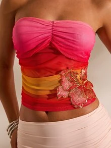 Opulessa Women's Fitted Printed Knit Mesh Tube Top For Spring/Summer Vacation Beach Vacation Pink Sexy Tropical - Multicolor - View 1