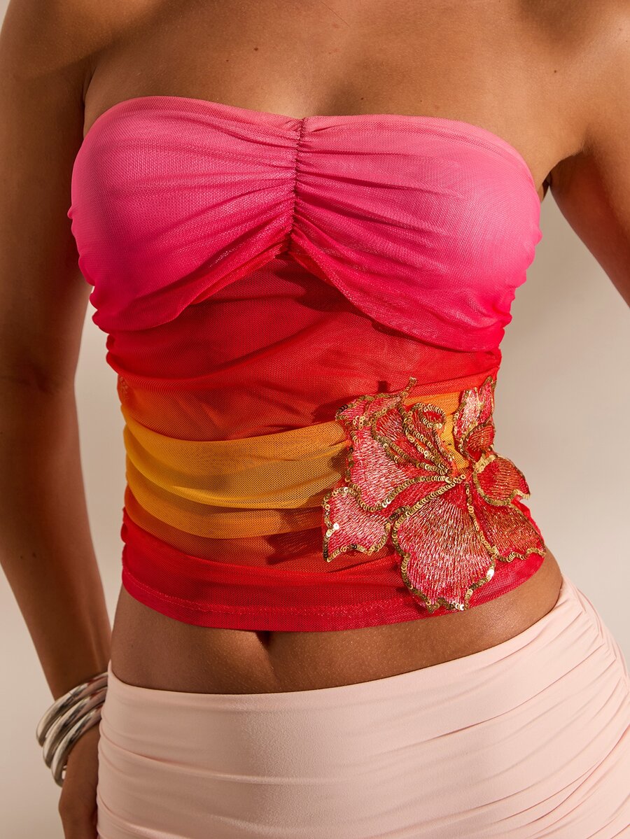 Opulessa Women's Fitted Printed Knit Mesh Tube Top For Spring/Summer Vacation Beach Vacation Pink Sexy Tropical - Multicolor - View 1