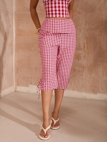 Opulessa Vacation Woven Plaid Cropped Pants - Red - View 1