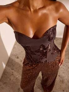 Opulessa Casual Vacation Solid Color Knit Fitted Bandeau Top For Women - Brown - View 5