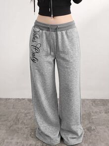 SHEIN 青少年女孩拼接腰帶字母刺繡運動長褲 - 灰色 - 查看 1