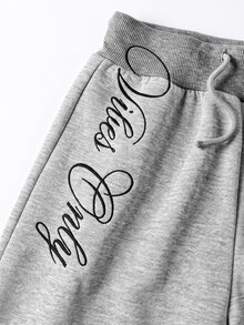 SHEIN 青少年女孩拼接腰帶字母刺繡運動長褲 - 灰色 - 查看 6