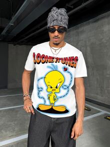 LOONEY TUNES X SHEIN 男士卡通與字母圖案印花T恤 - 白色 - 查看 4