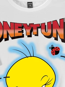 LOONEY TUNES X SHEIN 男士卡通與字母圖案印花T恤 - 白色 - 查看 5
