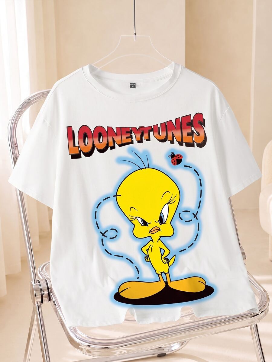 LOONEY TUNES X SHEIN 男士卡通與字母圖案印花T恤 - 白色 - 查看 1