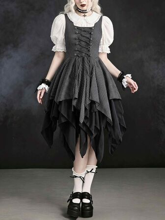 Goth Abito da donna a righe di media lunghezza con lacci a occhiello e orlo asimmetrico, stile gotico fatato